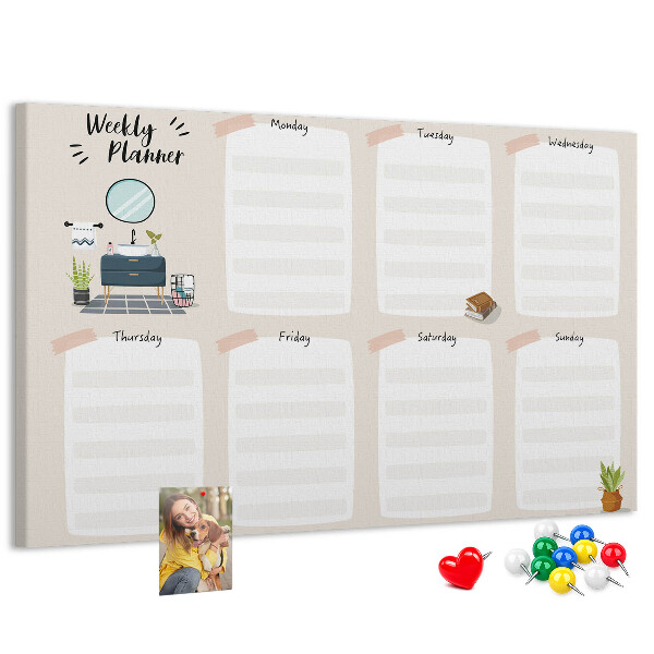Tablero de corcho decorado agenda semanal con diseño minimalista