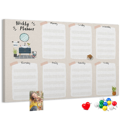Tablero de corcho decorado agenda semanal con diseño minimalista
