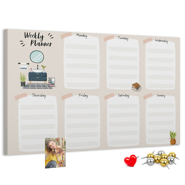 Tablero de corcho decorado agenda semanal con diseño minimalista