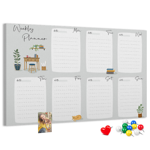 Pizarra de corcho con diseño de agenda semanal y detalles de plantas
