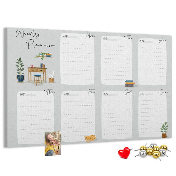 Pizarra de corcho con diseño de agenda semanal y detalles de plantas