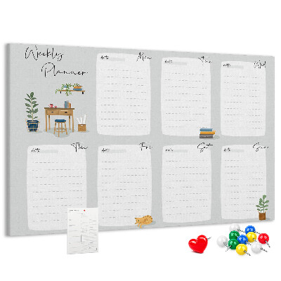 Pizarra de corcho con diseño de agenda semanal y detalles de plantas