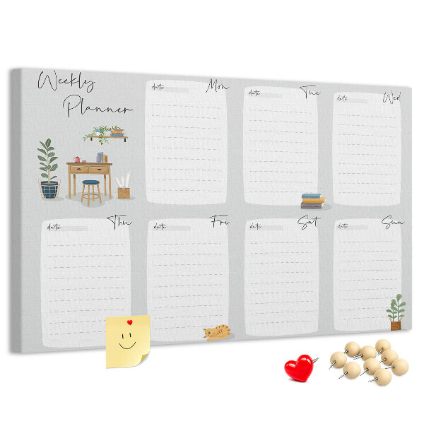 Pizarra de corcho con diseño de agenda semanal y detalles de plantas