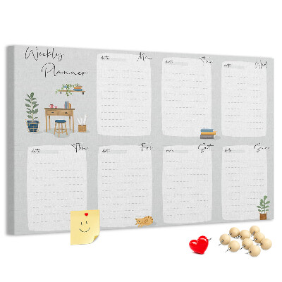 Pizarra de corcho con diseño de agenda semanal y detalles de plantas