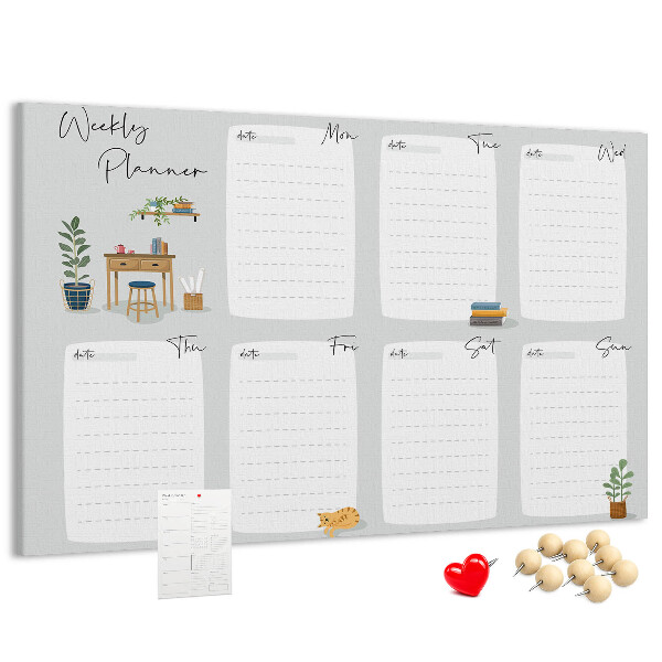 Pizarra de corcho con diseño de agenda semanal y detalles de plantas
