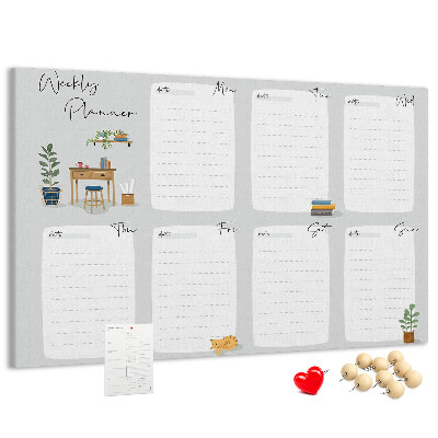 Pizarra de corcho con diseño de agenda semanal y detalles de plantas