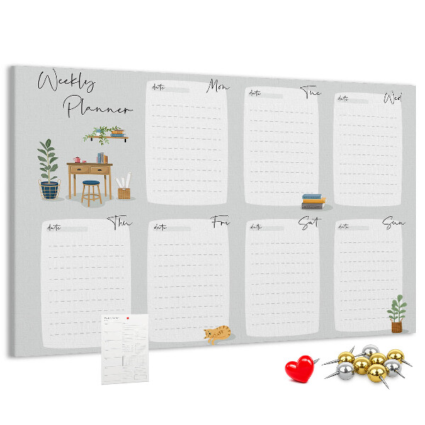 Pizarra de corcho con diseño de agenda semanal y detalles de plantas