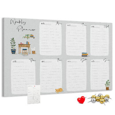 Pizarra de corcho con diseño de agenda semanal y detalles de plantas