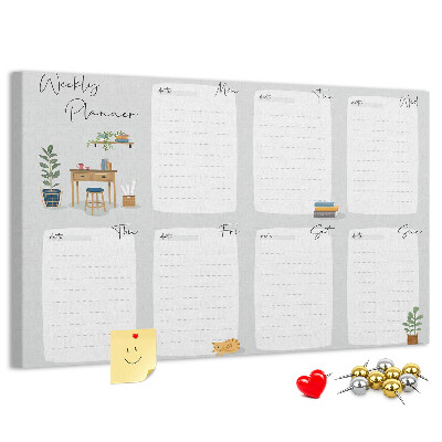 Pizarra de corcho con diseño de agenda semanal y detalles de plantas