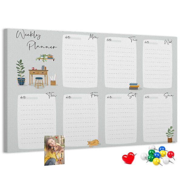 Pizarra de corcho con diseño de agenda semanal y detalles de plantas