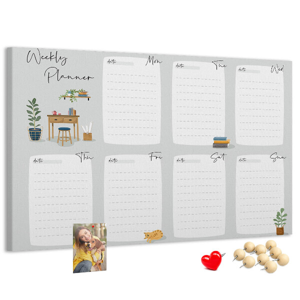 Pizarra de corcho con diseño de agenda semanal y detalles de plantas