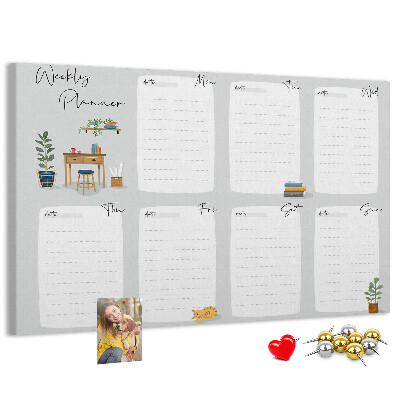 Pizarra de corcho con diseño de agenda semanal y detalles de plantas
