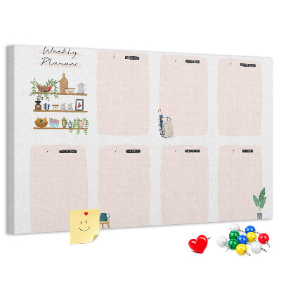 Tablero de corcho decorado Agenda semanal con detalles de plantas.
