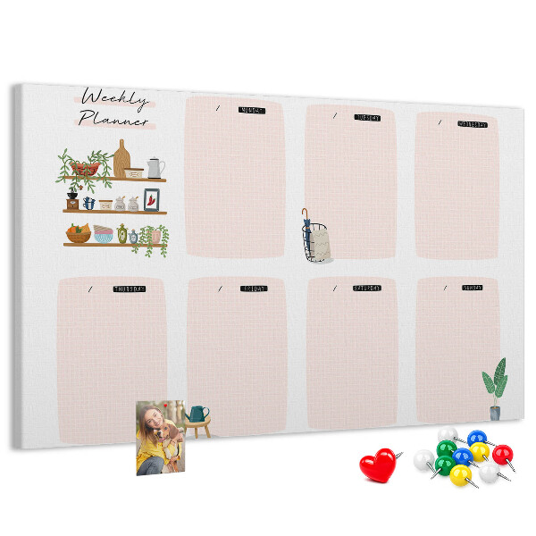 Tablero de corcho decorado agenda semanal con diseño de plantas