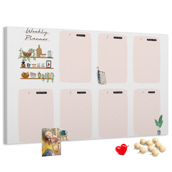 Tablero de corcho decorado agenda semanal con diseño de plantas