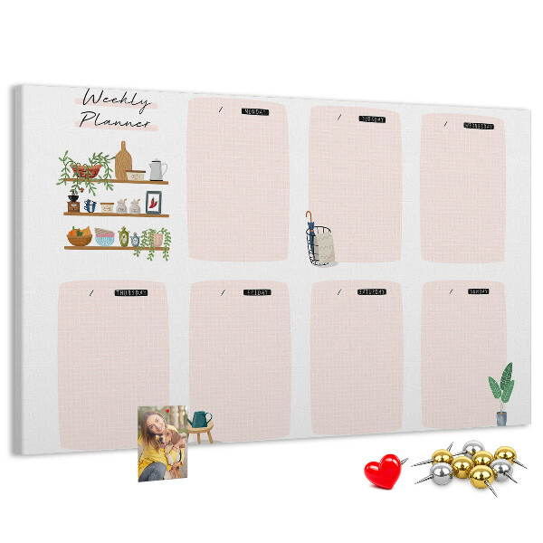 Tablero de corcho decorado agenda semanal con diseño de plantas