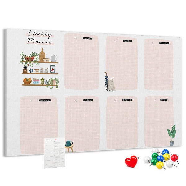 Tablero de corcho decorado agenda semanal con diseño de plantas