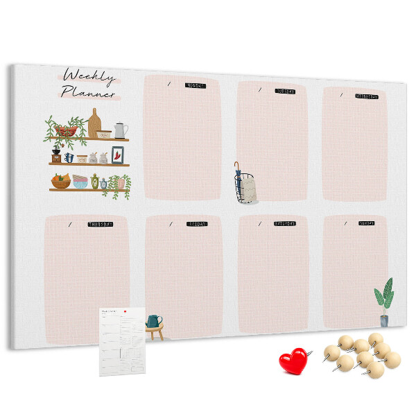 Tablero de corcho decorado agenda semanal con diseño de plantas