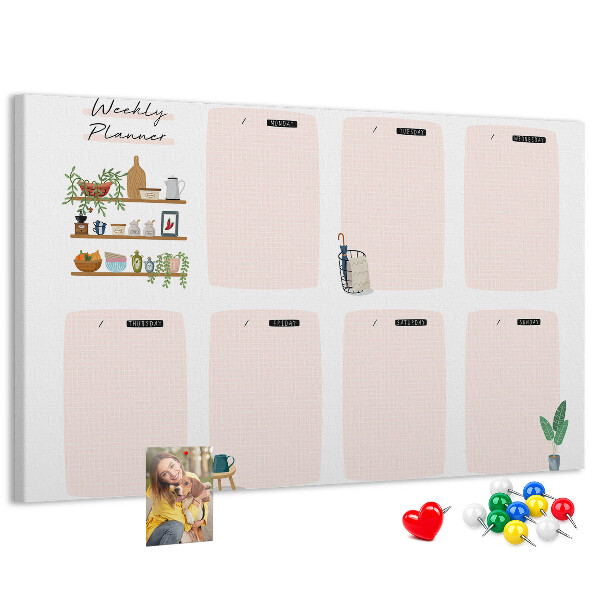 Tablero de corcho decorado agenda semanal con diseño de plantas