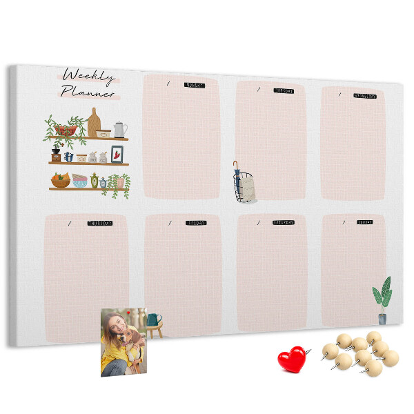 Tablero de corcho decorado agenda semanal con diseño de plantas