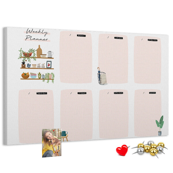 Tablero de corcho decorado agenda semanal con diseño de plantas