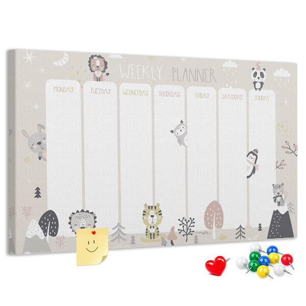 Pizarra de corcho planificador semanal con diseño de animales del bosque