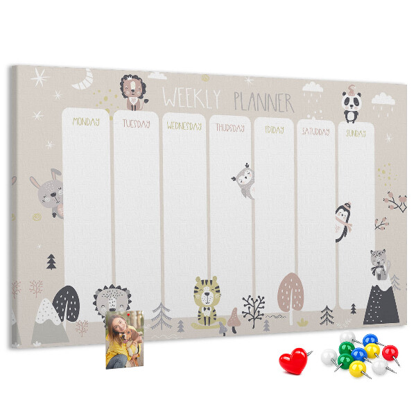 Pizarra de corcho planificador semanal con diseño de animales del bosque