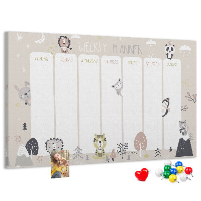Pizarra de corcho planificador semanal con diseño de animales del bosque