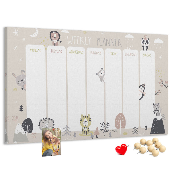 Pizarra de corcho planificador semanal con diseño de animales del bosque