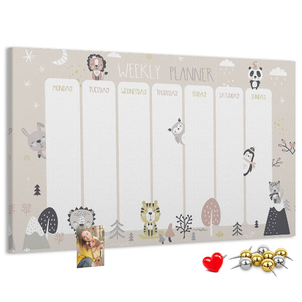 Pizarra de corcho planificador semanal con diseño de animales del bosque