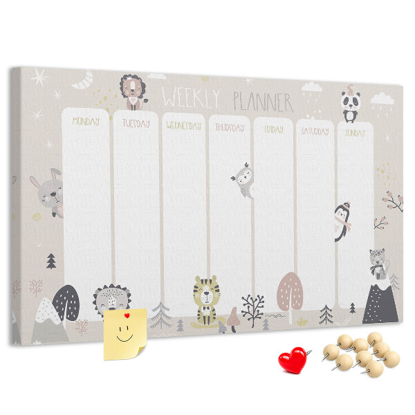 Pizarra de corcho planificador semanal con diseño de animales del bosque