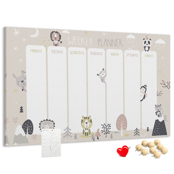 Pizarra de corcho planificador semanal con diseño de animales del bosque