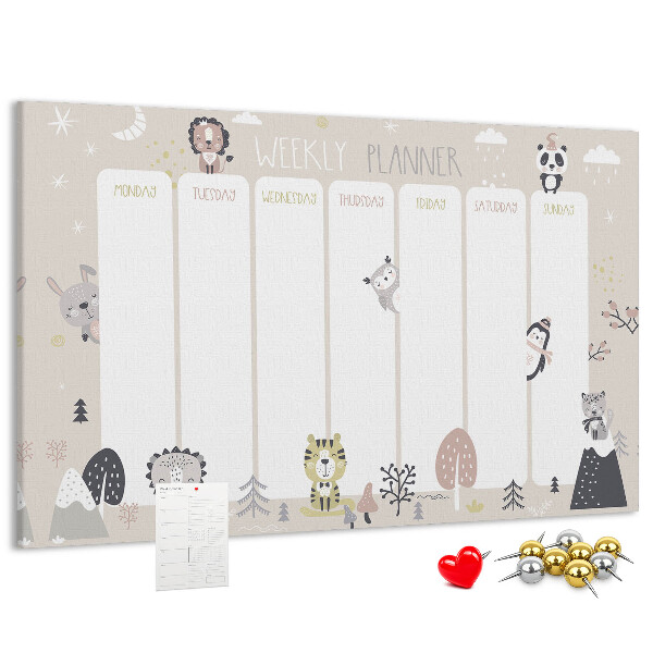 Pizarra de corcho planificador semanal con diseño de animales del bosque