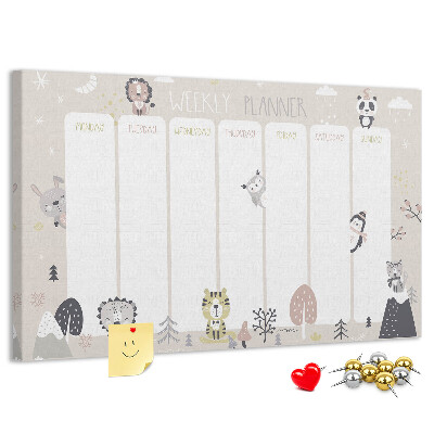 Pizarra de corcho planificador semanal con diseño de animales del bosque