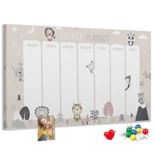 Pizarra de corcho planificador semanal con diseño de animales del bosque