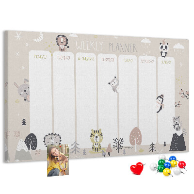 Pizarra de corcho planificador semanal con diseño de animales del bosque