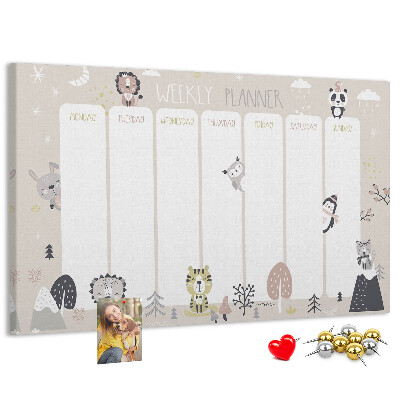 Pizarra de corcho planificador semanal con diseño de animales del bosque