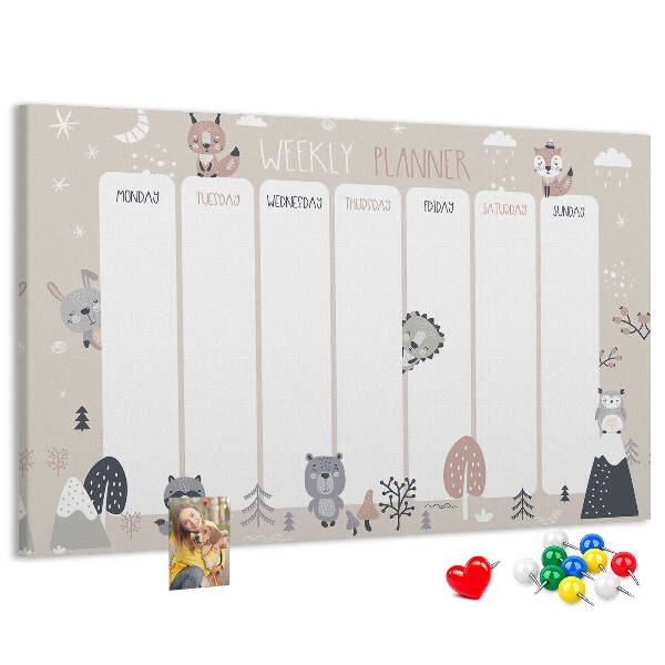 Tablero de corcho decorado con diseño de animales del bosque para agenda semanal