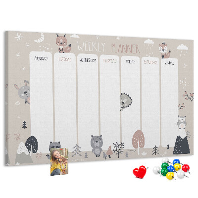 Tablero de corcho decorado con diseño de animales del bosque para agenda semanal