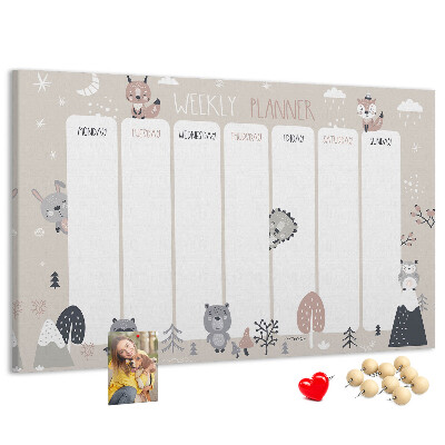 Tablero de corcho decorado con diseño de animales del bosque para agenda semanal