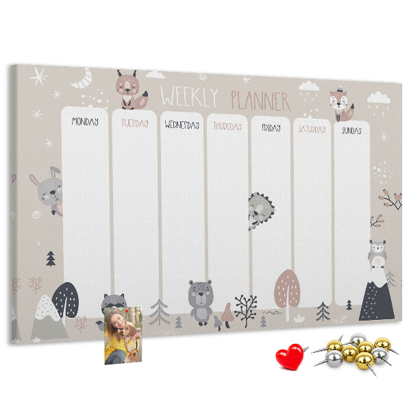 Tablero de corcho decorado con diseño de animales del bosque para agenda semanal