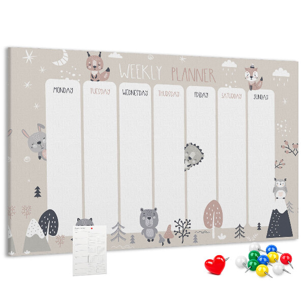 Tablero de corcho decorado con diseño de animales del bosque para agenda semanal