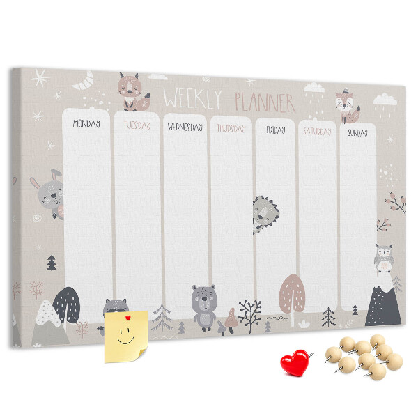 Tablero de corcho decorado con diseño de animales del bosque para agenda semanal