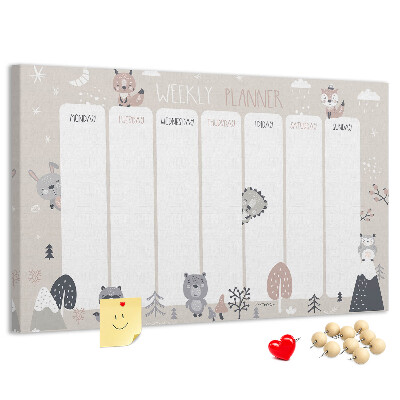 Tablero de corcho decorado con diseño de animales del bosque para agenda semanal