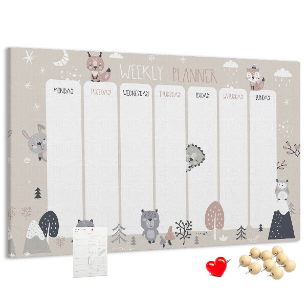 Tablero de corcho decorado con diseño de animales del bosque para agenda semanal