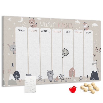 Tablero de corcho decorado con diseño de animales del bosque para agenda semanal