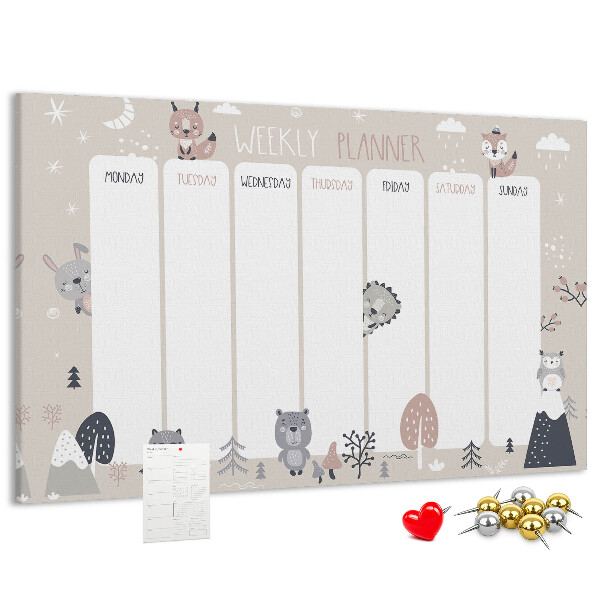 Tablero de corcho decorado con diseño de animales del bosque para agenda semanal