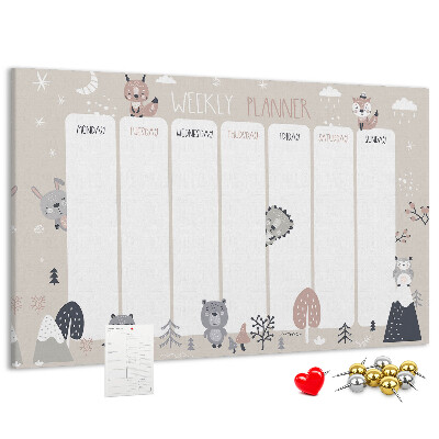 Tablero de corcho decorado con diseño de animales del bosque para agenda semanal