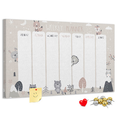 Tablero de corcho decorado con diseño de animales del bosque para agenda semanal