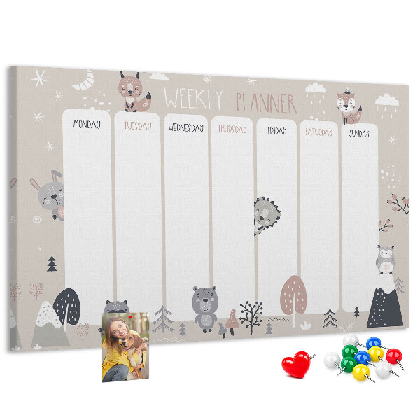 Tablero de corcho decorado con diseño de animales del bosque para agenda semanal